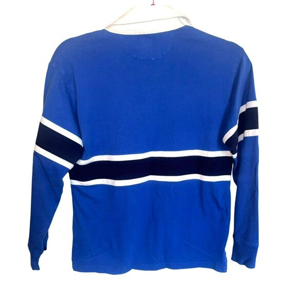VTG Polo Ralph Lauren Boys L/S Rugby Shirt M Blue White Striped Preppy Academic - Picture 2 of 6